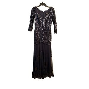 Tadashi Shoji Navy Blue Lace Sequin Embroidered Floral Appliqué Dress Gown 2